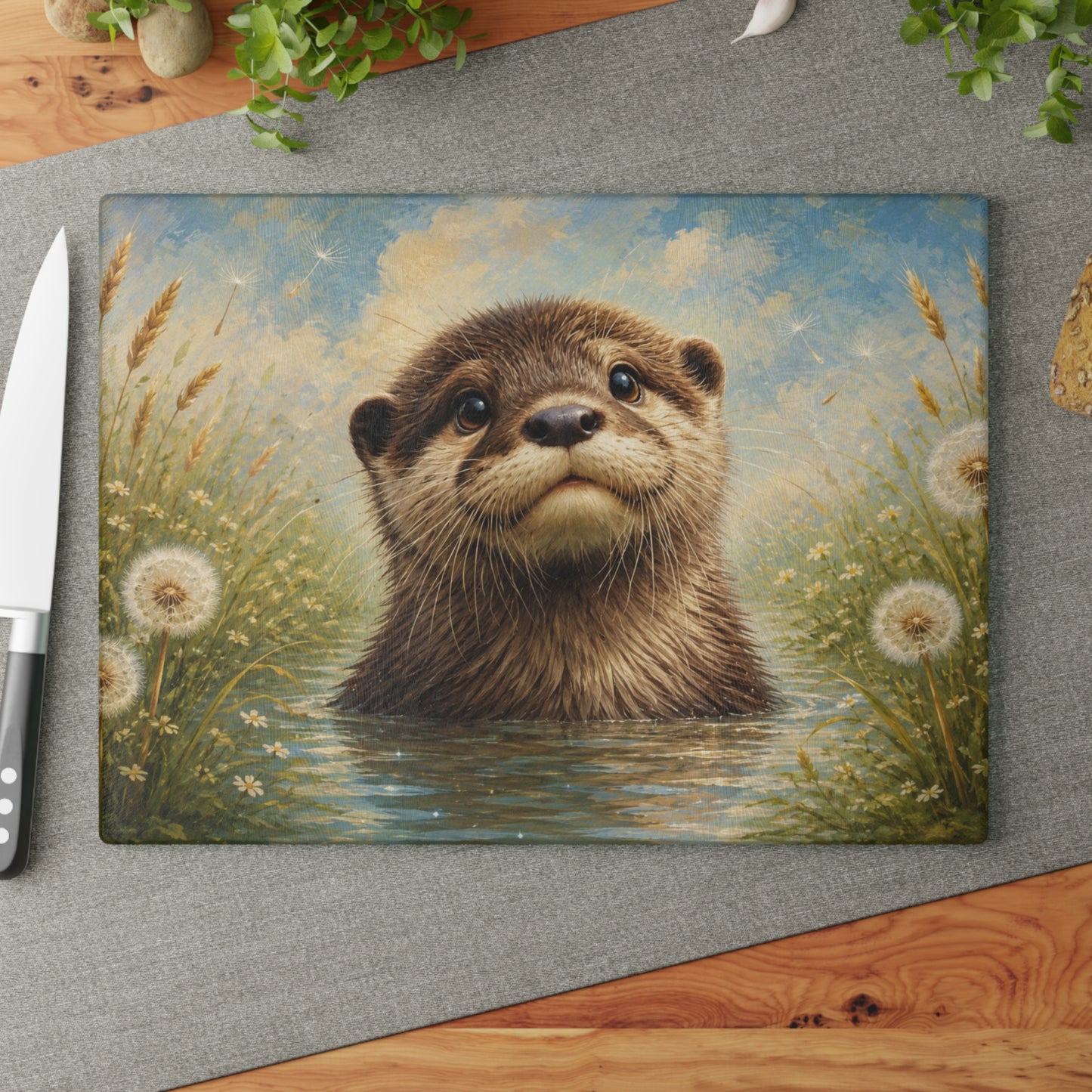 Gentle Meadow Otter Glass Cutting Board – Whimsical Wildlife Art with Soft Nature Tones