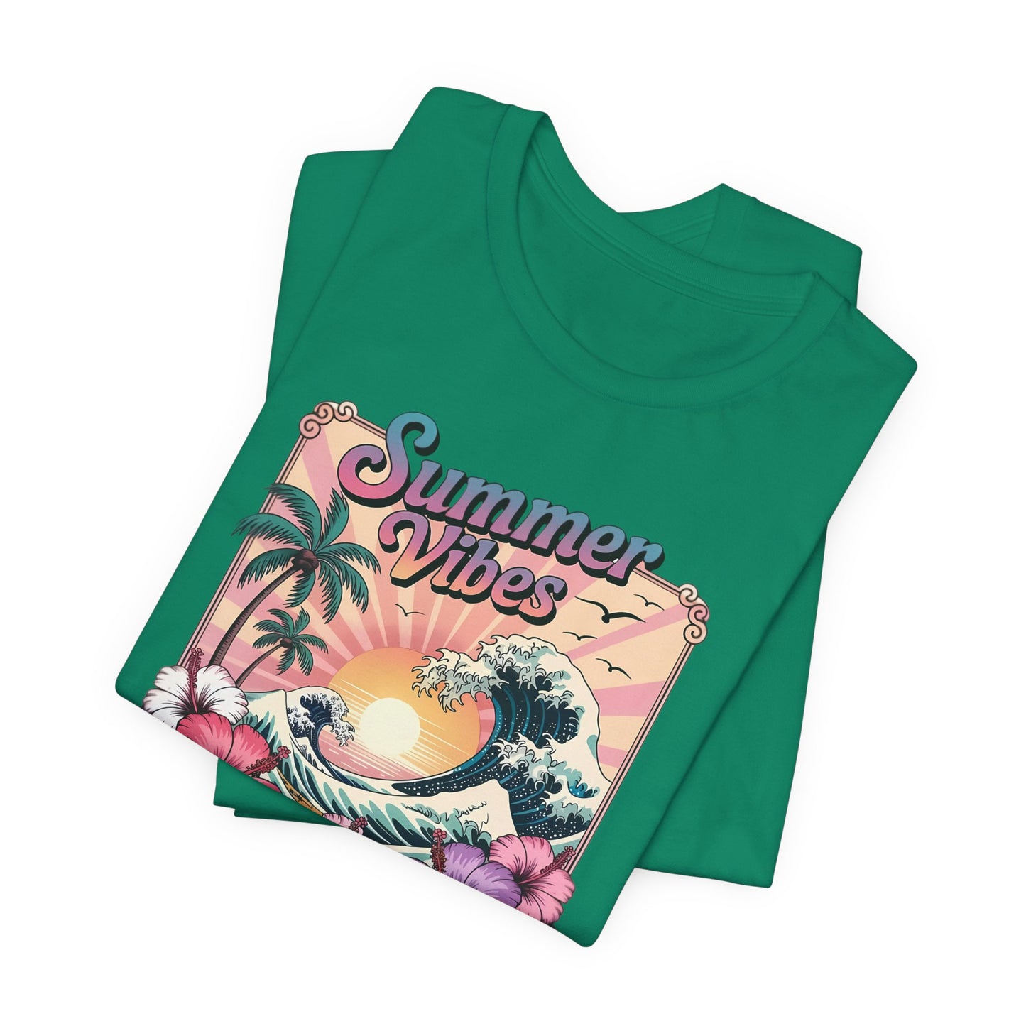 ☀️ Camiseta Summer Vibes – Ola playera vibrante, hibisco y palmeras | Camiseta gráfica para mujer