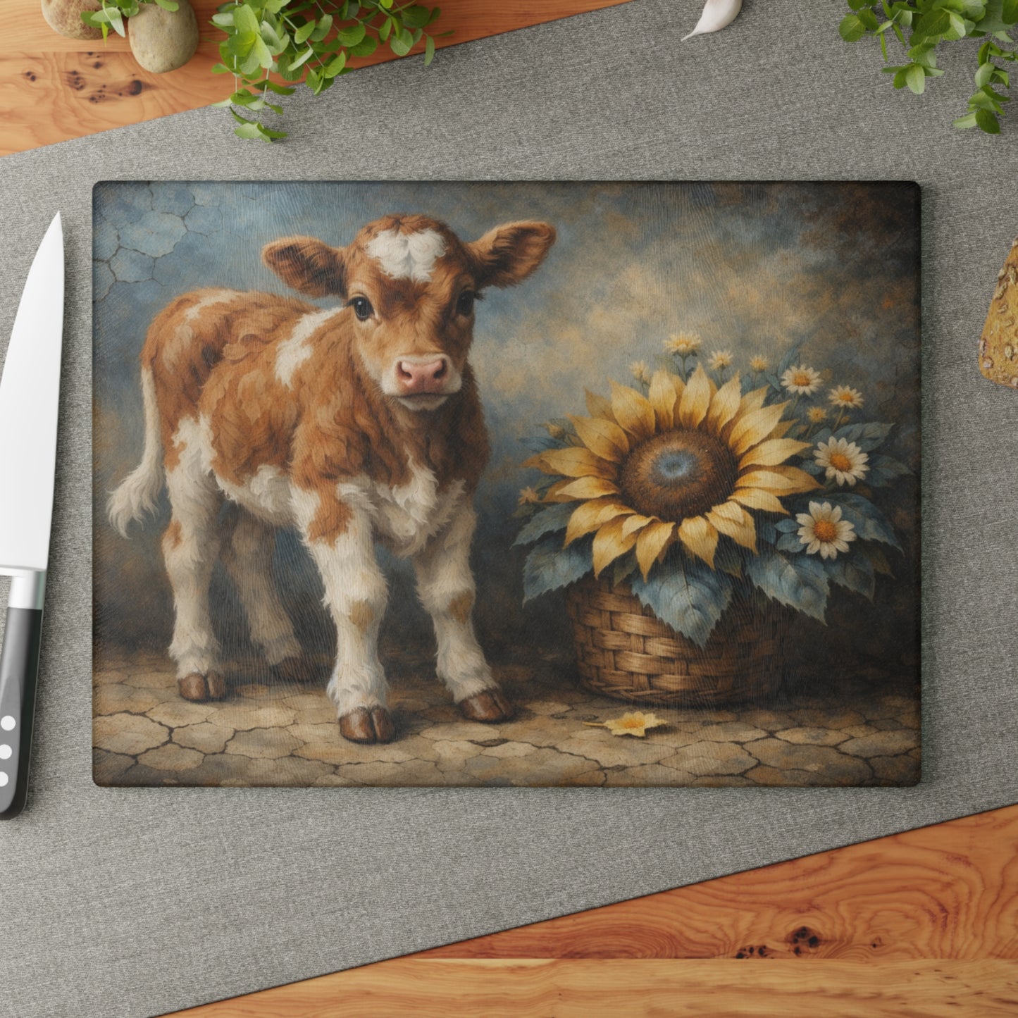Sunflower Calf Glass Cutting Board – Rustic Farmhouse Kitchen Decor