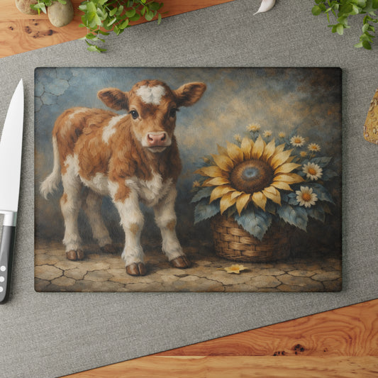 Sunflower Calf Glass Cutting Board – Rustic Farmhouse Kitchen Decor
