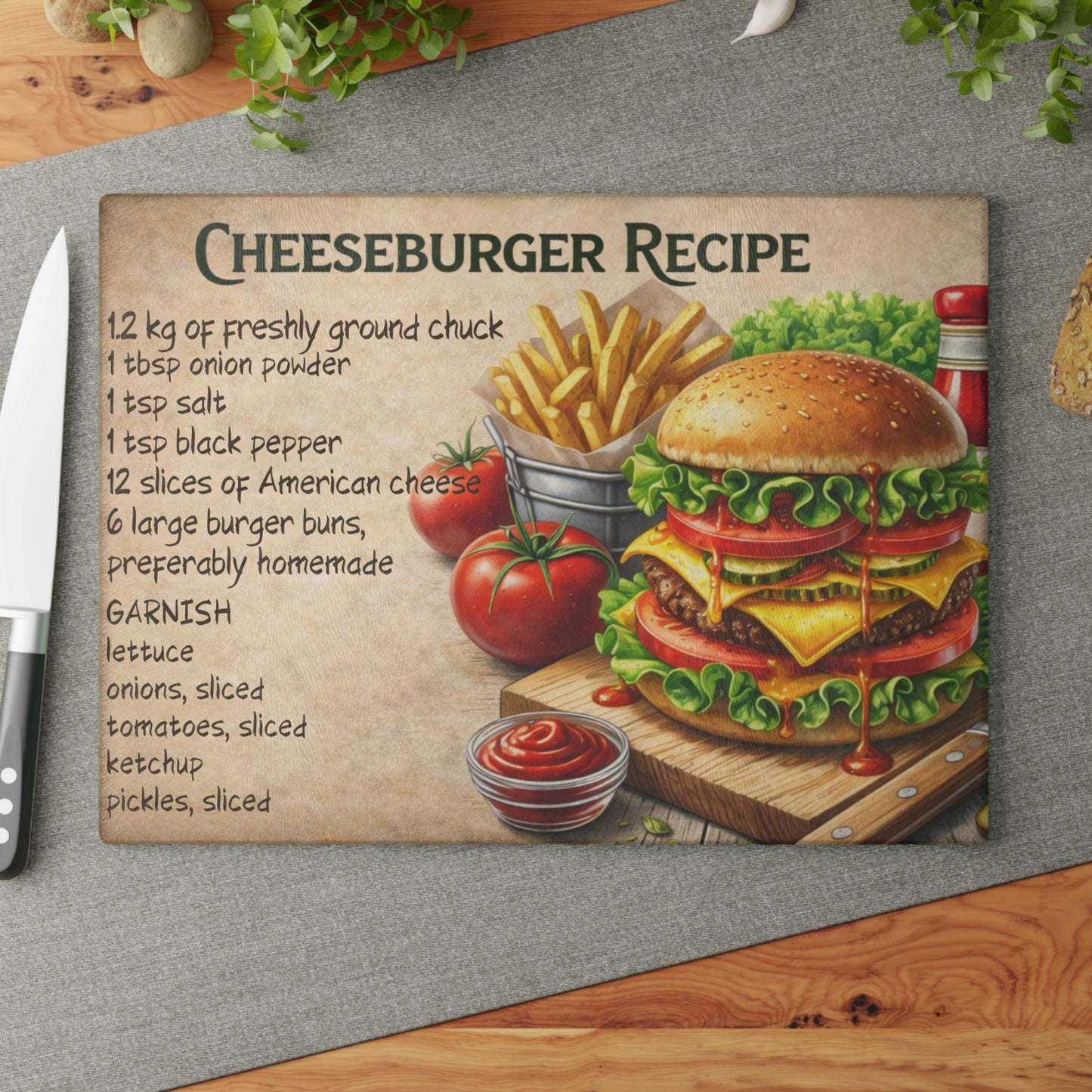 Cheeseburger Recipe Glass Cutting Board – Classic Burger Kitchen Art
