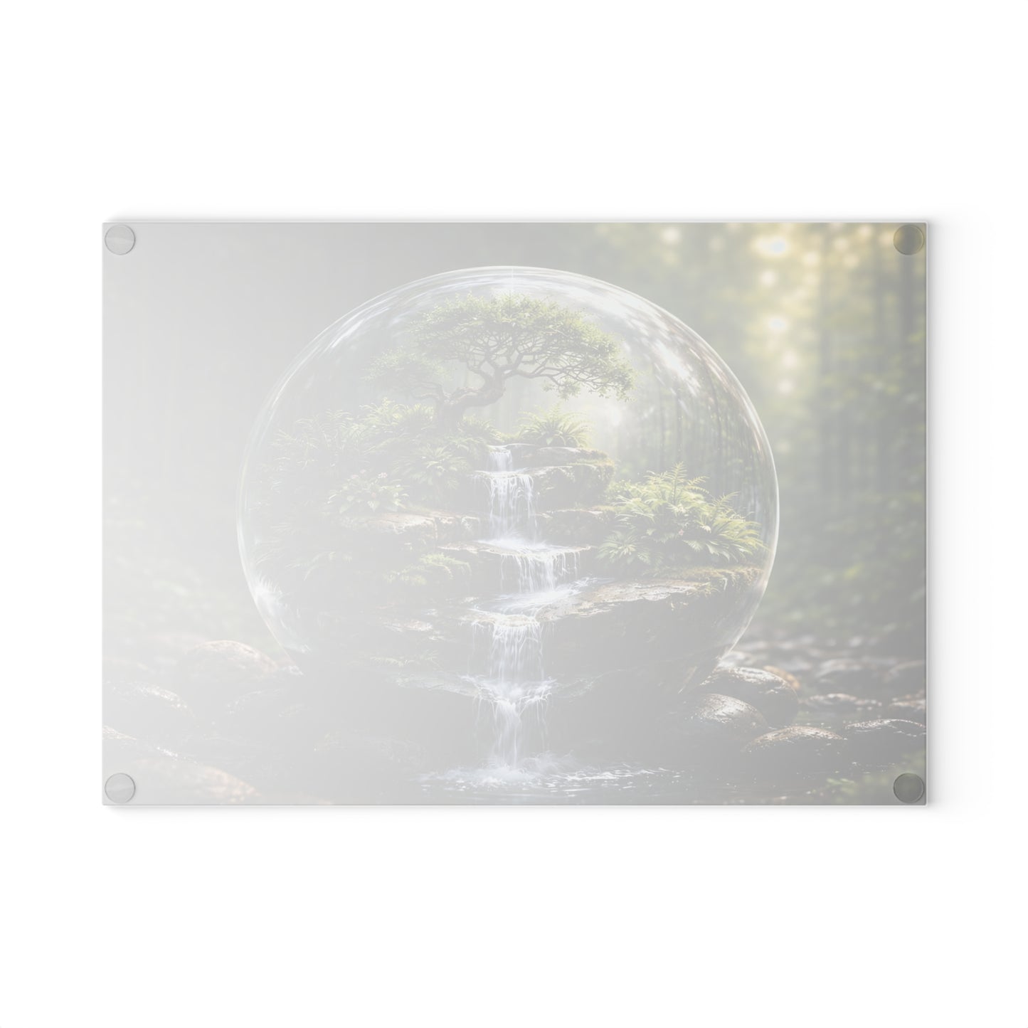 Enchanted Forest Waterfall Terrarium Glass Cutting Board – Nature-Inspired Zen Kitchen Art