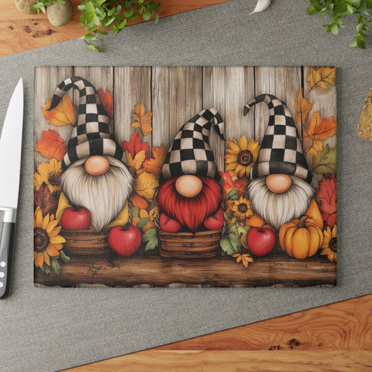 🍎 Fall Harvest Gnome Trio Cutting Board – Rustic Charm with Sunflowers, Apples & Checkered Hats 🍂🎃