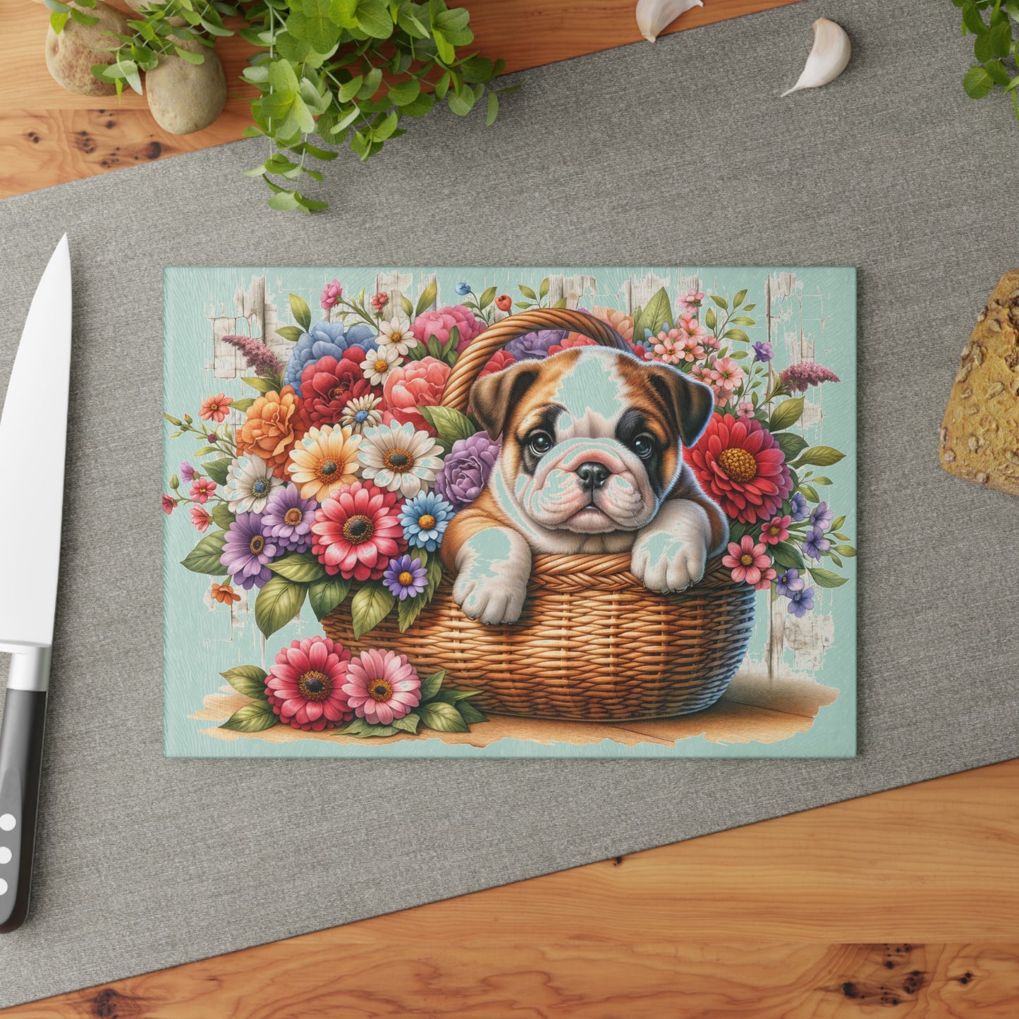 🐾 English Bulldog in Bloom Basket Cutting Board – Rustic Elegance for Your Kitchen 🌺