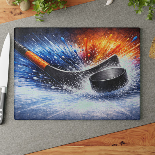 Hockey Stick and Puck Glass Cutting Board – Color Splash Ice Hockey Sports Artwork