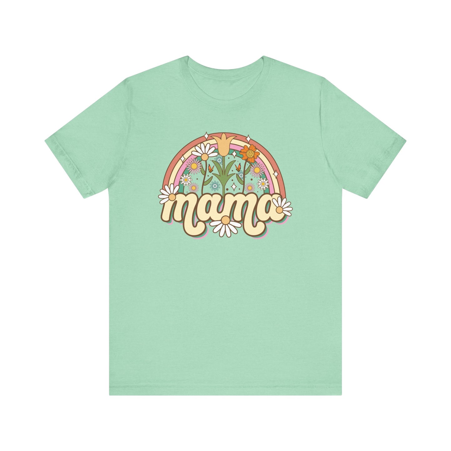 🌼🌈 Retro Floral Mama T-Shirt – Boho Rainbow Graphic Tee for Moms 🌻✨