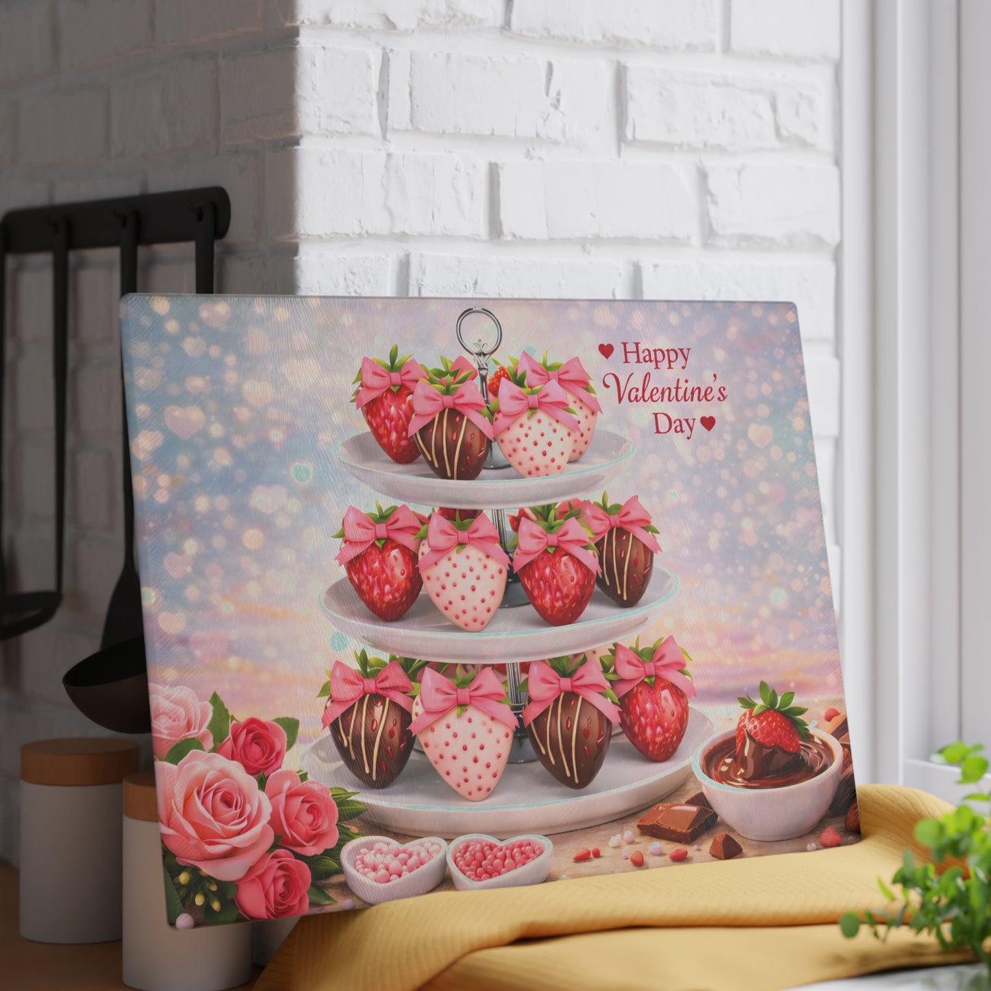Chocolate-Covered Strawberry Valentine Glass Cutting Board – Romantic Dessert Display & Kitchen Accent