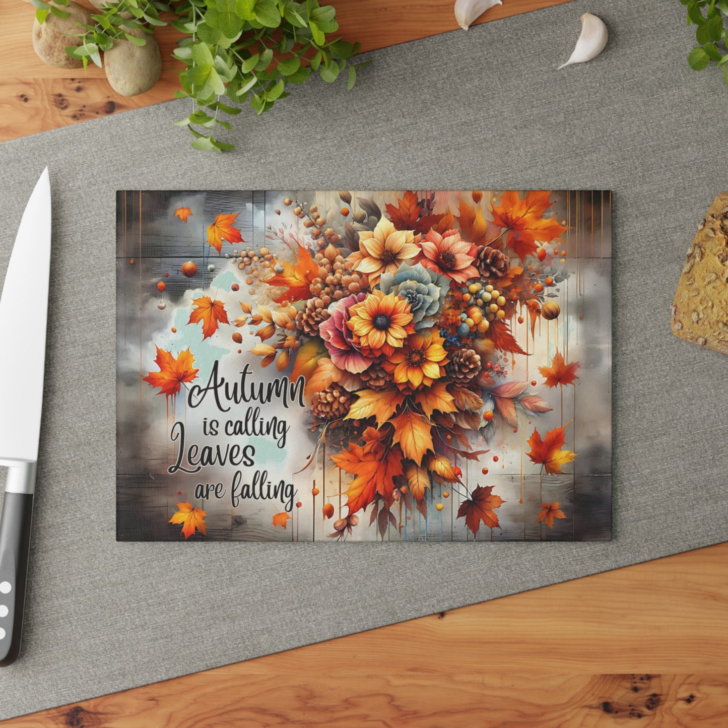 🍂✨ “Autumn Is Calling” Glass Cutting Board – Cozy Fall Kitchen Accent