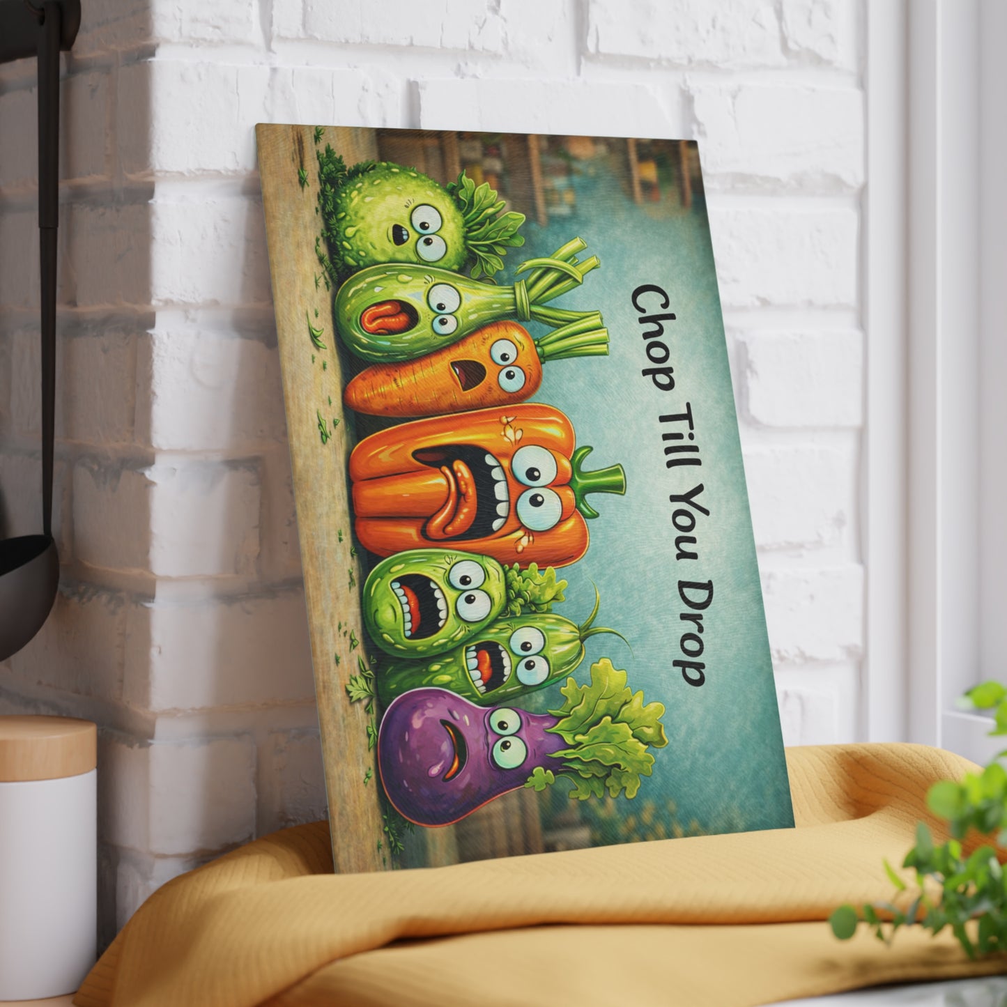 Chop Till You Drop Glass Cutting Board – Funny Vegetable Kitchen Decor with Playful Personality