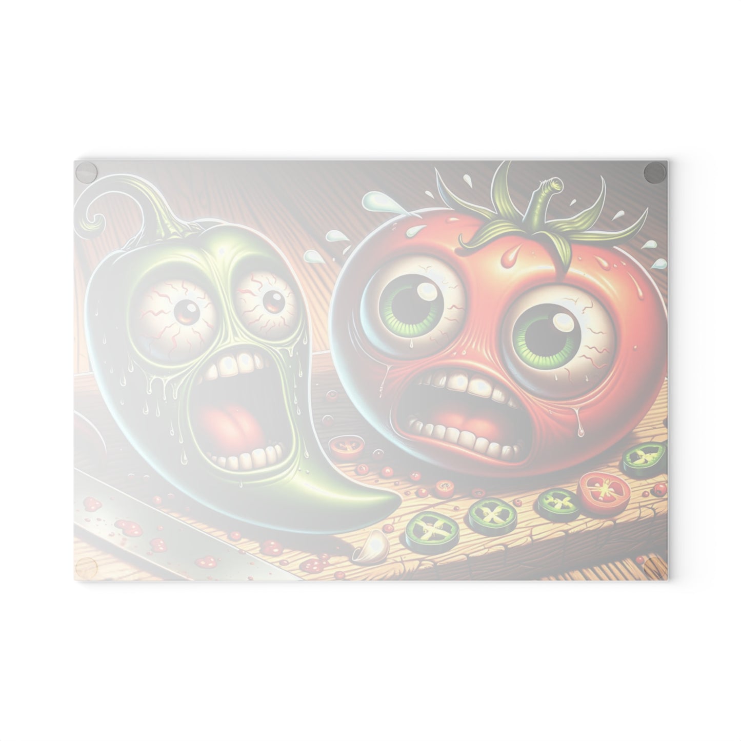 🌶️🍅 “Spicy Sidekick: Tomato & Pepper Panic” Glass Cutting Board – Laugh-Out-Loud Kitchen Vibes