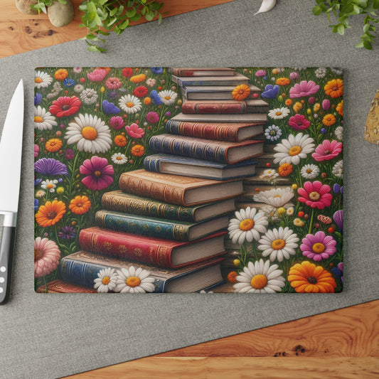 📚 Stacked Books & Wildflowers Cutting Board – Literary Charm Meets Kitchen Elegance 🌸