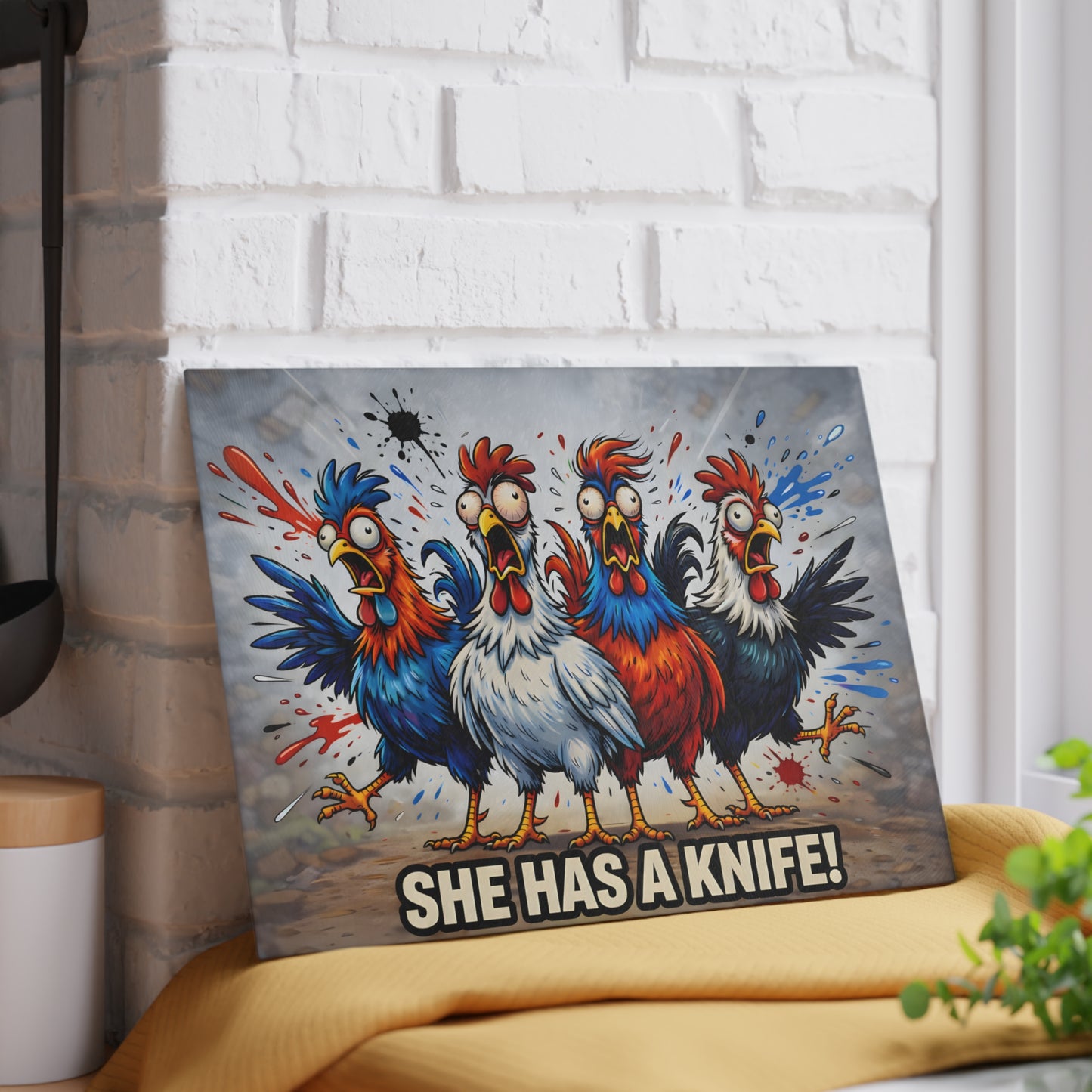 She Has a Knife! Glass Cutting Board – Bold Funny Chicken Kitchen Art