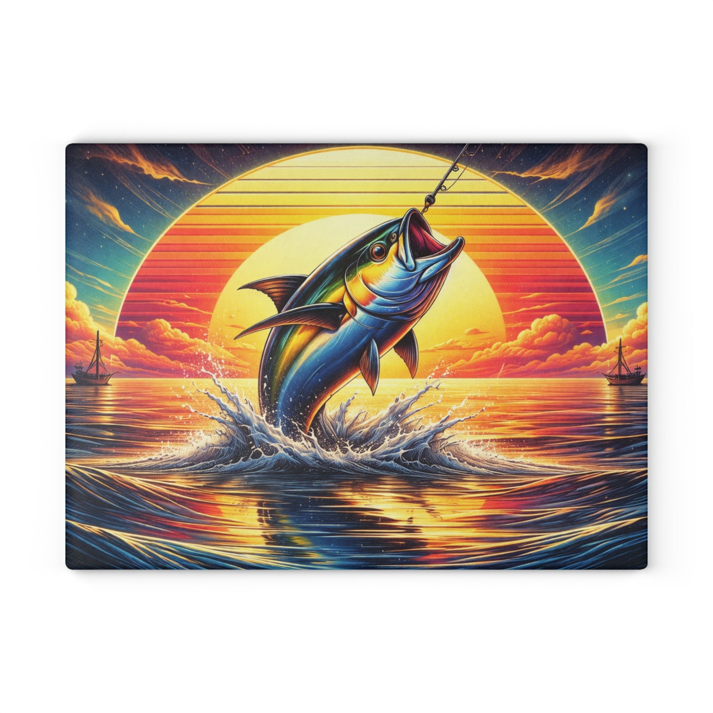 Retro Sunset Fishing Glass Cutting Board – Vibrant Ocean Angler Kitchen Art