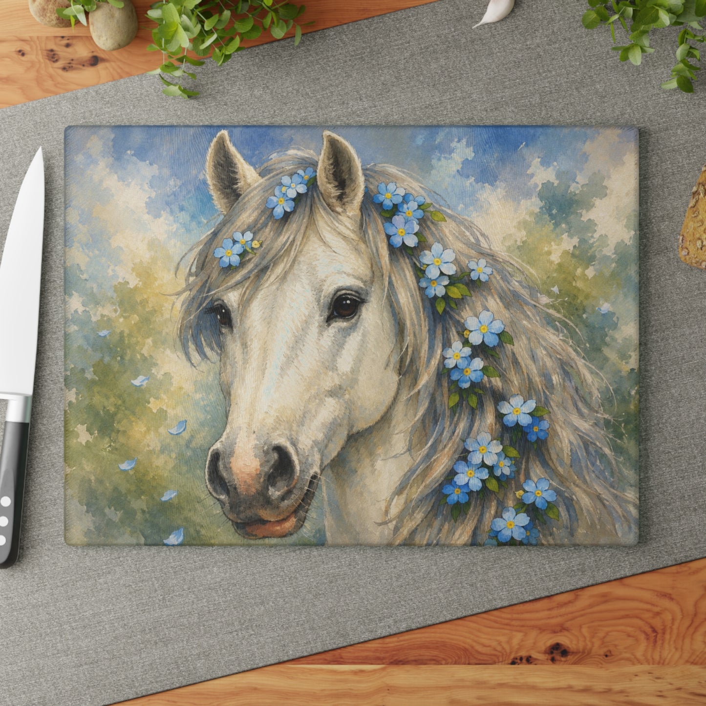 White Horse with Forget-Me-Not Flowers Glass Cutting Board – Elegant Equestrian Kitchen Decor