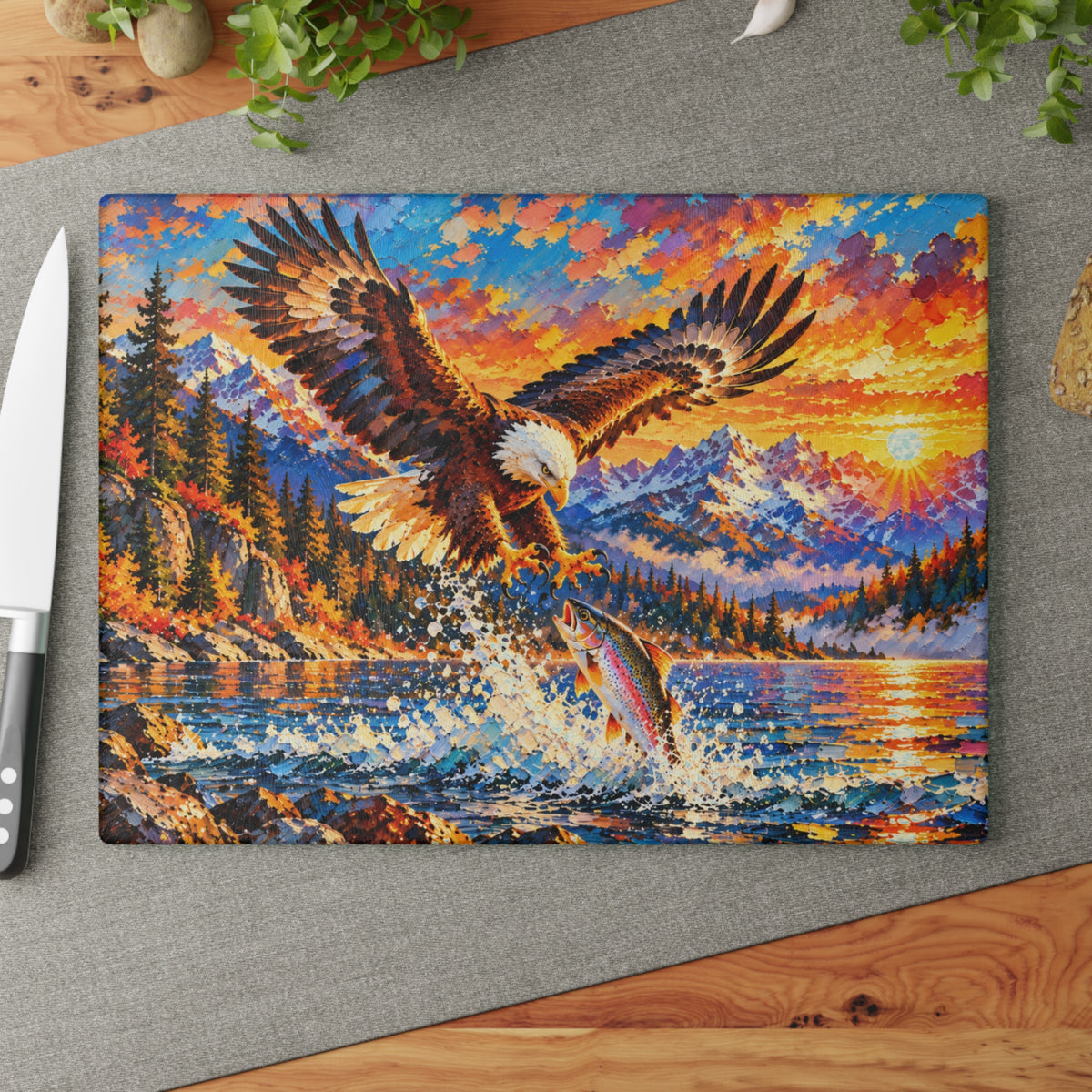 Majestic Bald Eagle & Leaping Trout – Colorful Mountain Sunset Tempered Glass Cutting Board – Wildlife & Nature Kitchen Decor