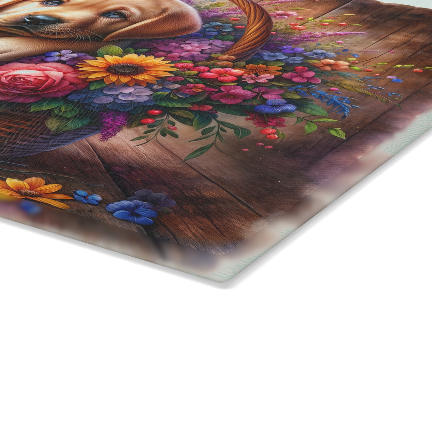 🐾 Yellow Labrador Puppy Floral Basket Cutting Board – Sweet Charm for Your Kitchen 🌸