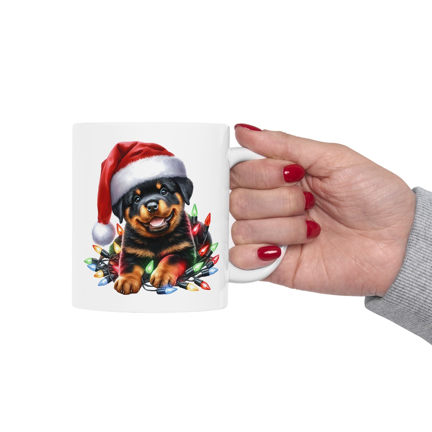 🎄 Rottweiler Christmas Lights Mug – Festive Cheer with Puppy Cuteness ☕