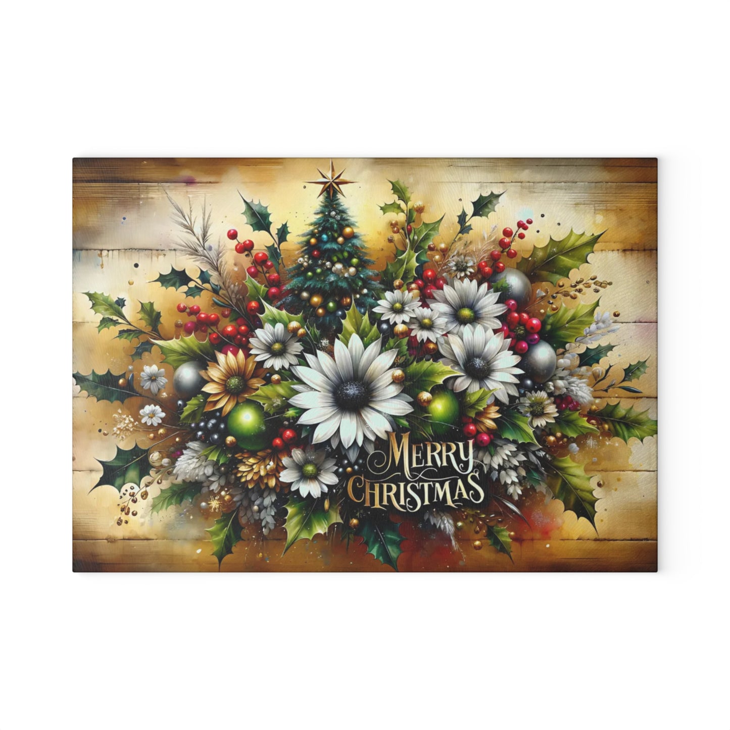 🎄✨ “Merry Christmas Florals” Glass Cutting Board – Festive Farmhouse Glow for Your Kitchen