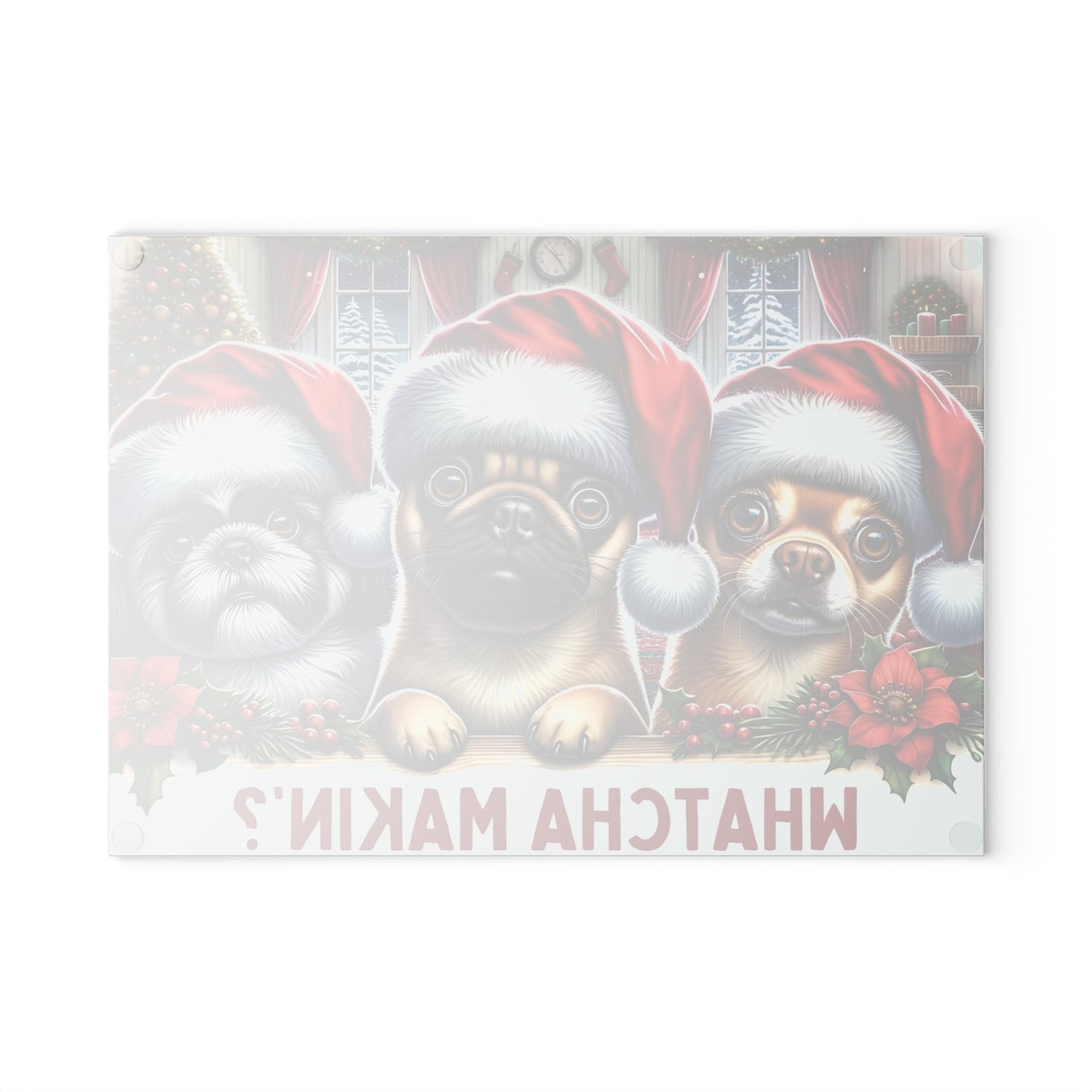 🐶🎄 “Whatcha Makin’?” Holiday Dogs Glass Cutting Board – Cozy Charm for Your Kitchen