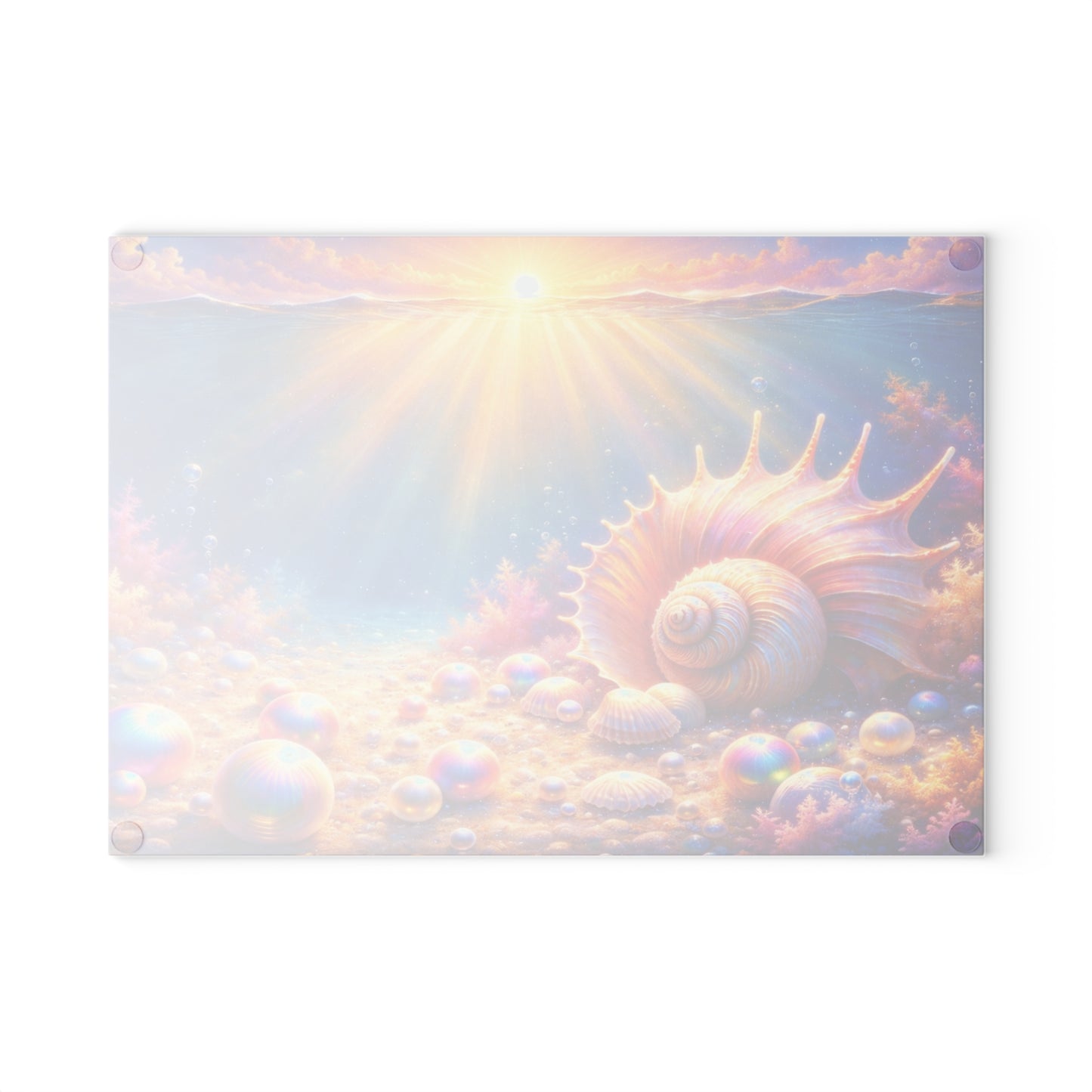 Ocean Sunrise Seashell Glass Cutting Board – Colorful Coastal Kitchen Art