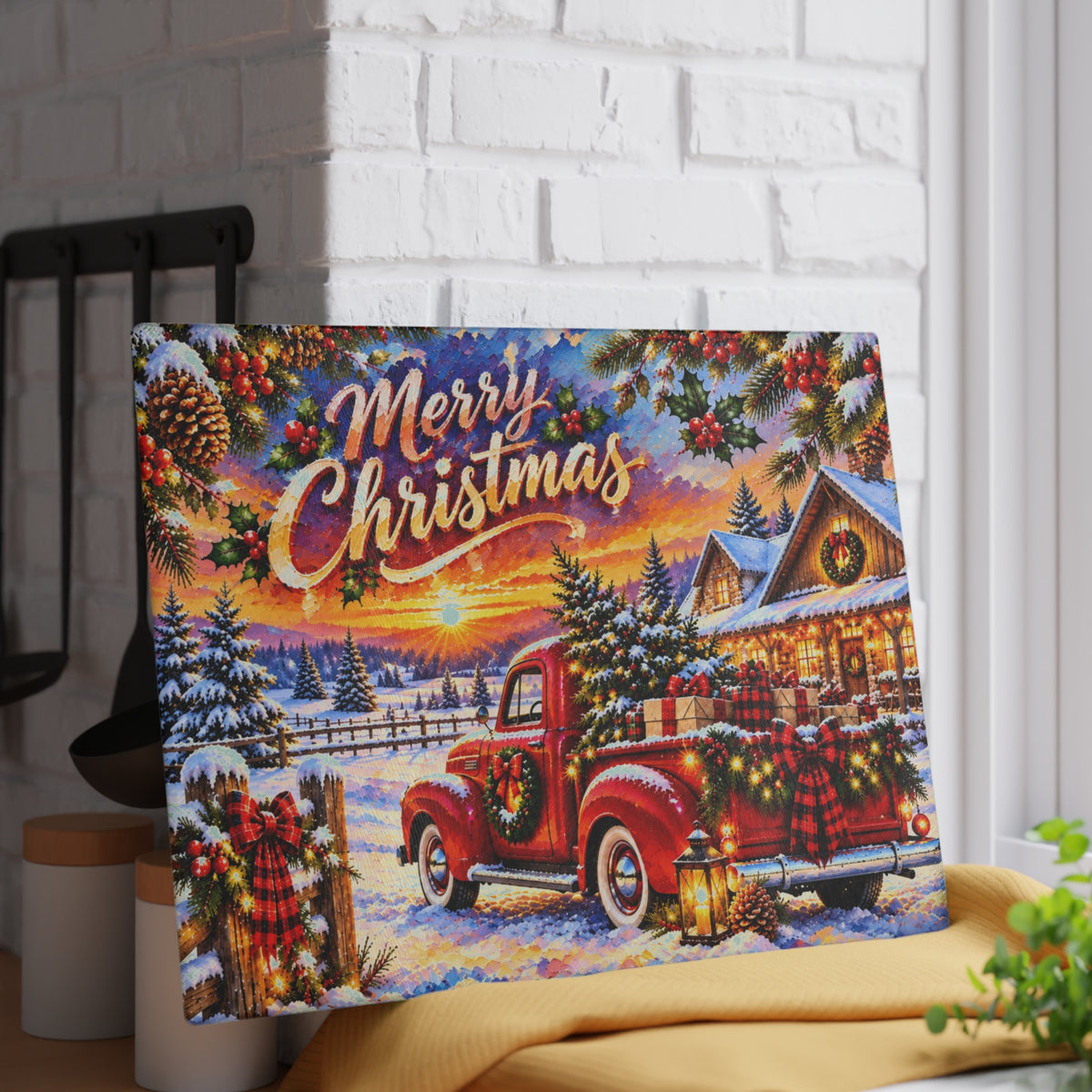 Merry Christmas Vintage Red Truck Tempered Glass Cutting Board – Snowy Farmhouse Christmas Scene – 11 × 15 Inches