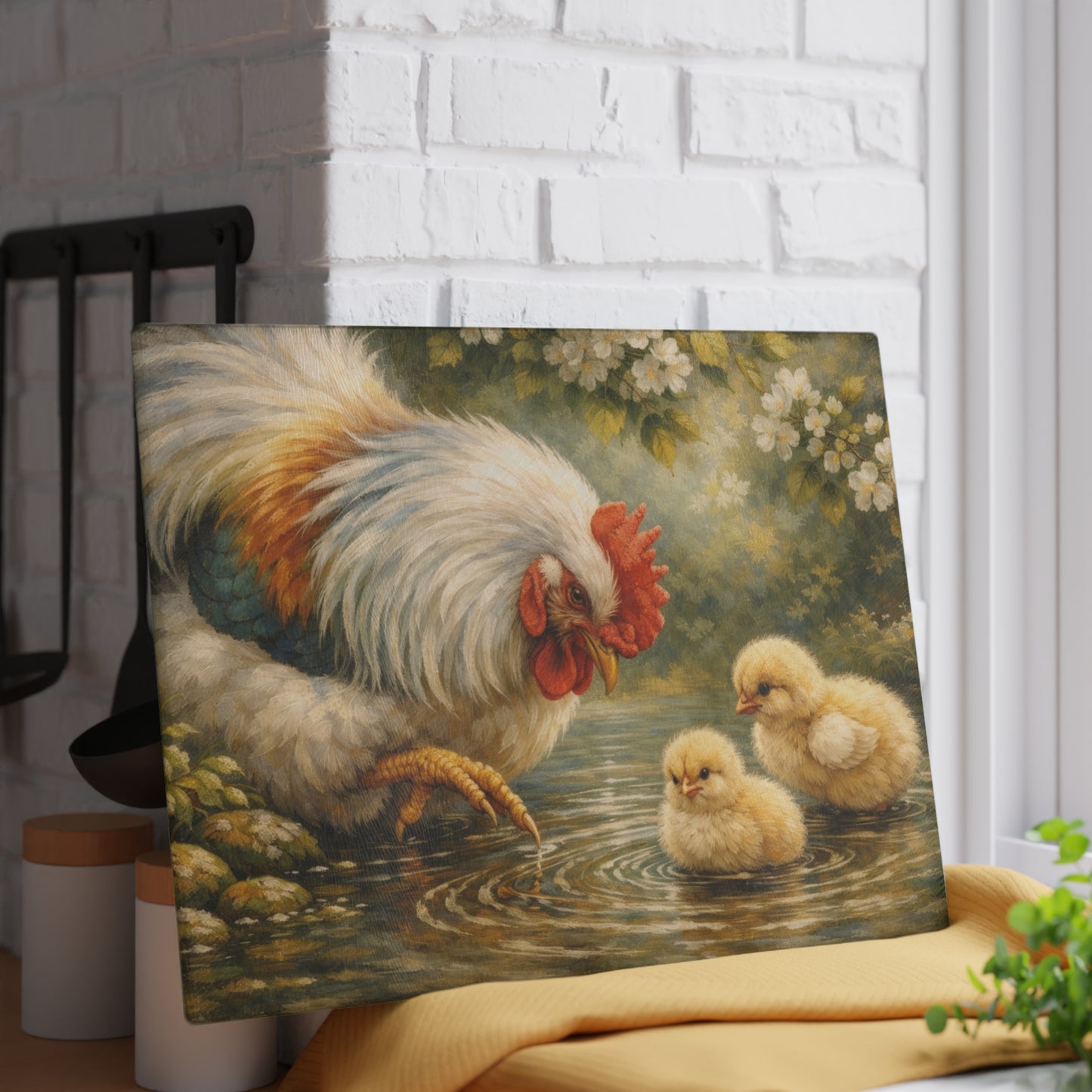 Mother Hen and Chicks Glass Cutting Board – Farmhouse Chicken Kitchen Decor