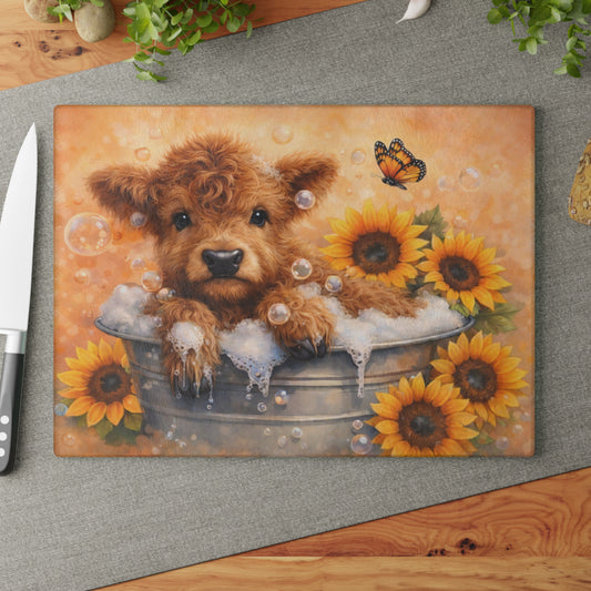 Highland Calf Bubble Bath Glass Cutting Board – Farmhouse Kitchen Decor