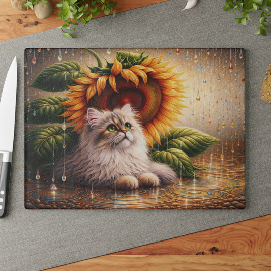 Sunflower Rain Cat Glass Cutting Board – Whimsical Floral Cat Kitchen Art & Display Board