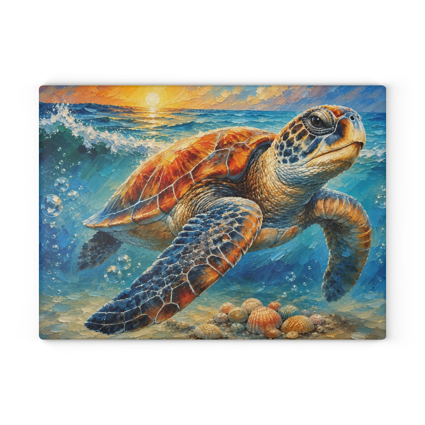 Sea Turtle Glass Cutting Board – Colorful Coastal Sea Turtle Artwork with Ocean Waves