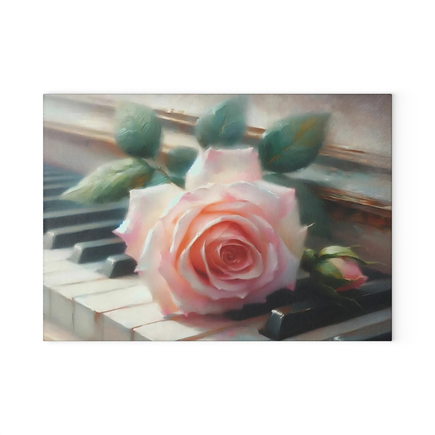Tabla de cortar de vidrio templado con una rosa rosa sobre teclas de piano, elegante decoración de cocina con música y flores, regalo para músicos, tabla de charcutería