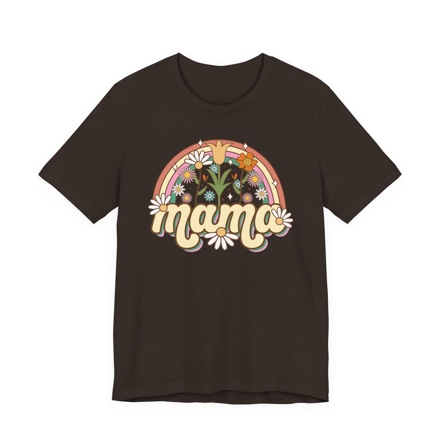 🌼🌈 Retro Floral Mama T-Shirt – Boho Rainbow Graphic Tee for Moms 🌻✨