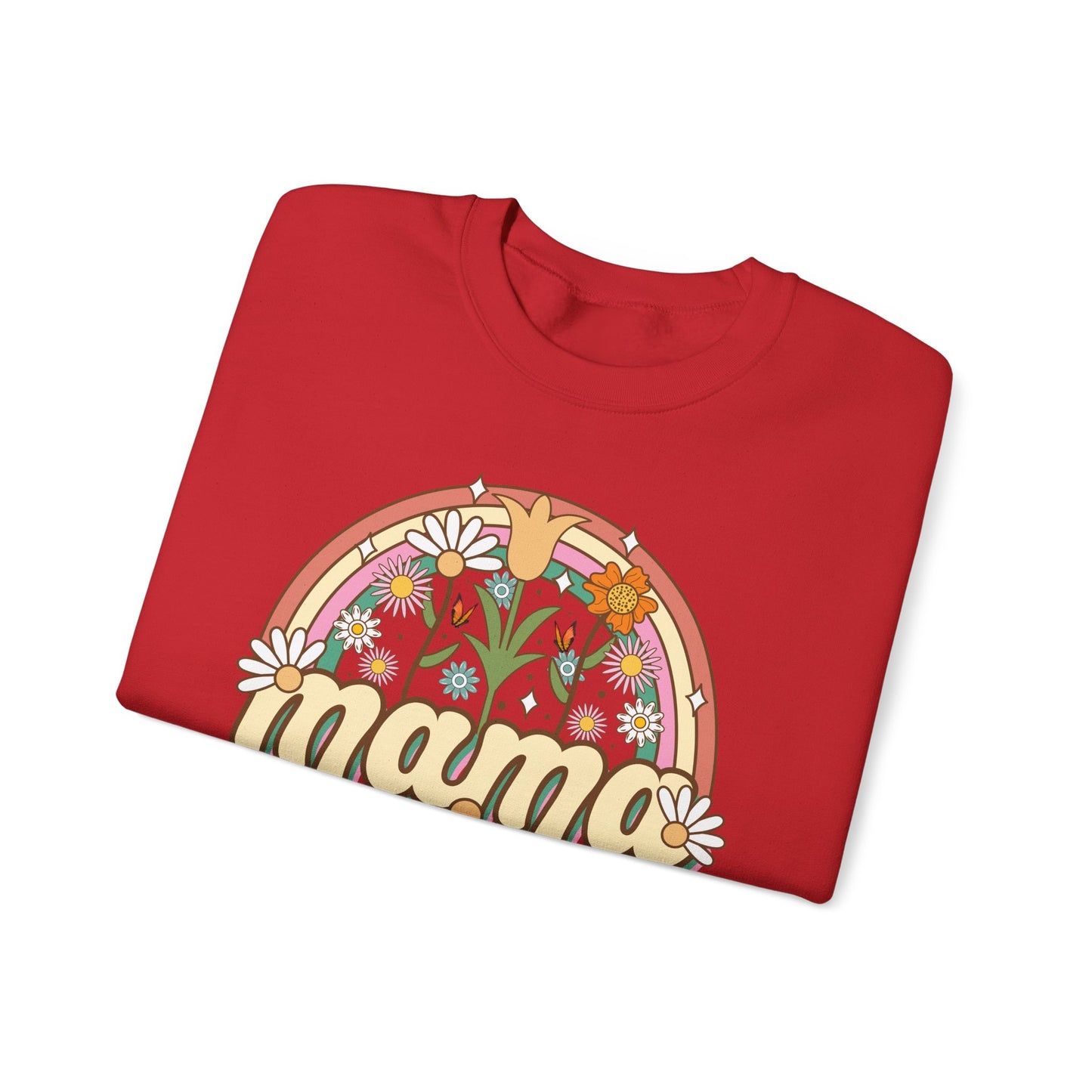 🌼🌈 Retro Floral Mama Sweatshirt – Vintage Rainbow Daisy Mom Crewneck