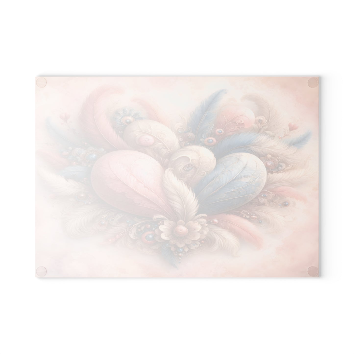 Pastel Feather Heart Glass Cutting Board – Elegant Romantic Art Kitchen Decor
