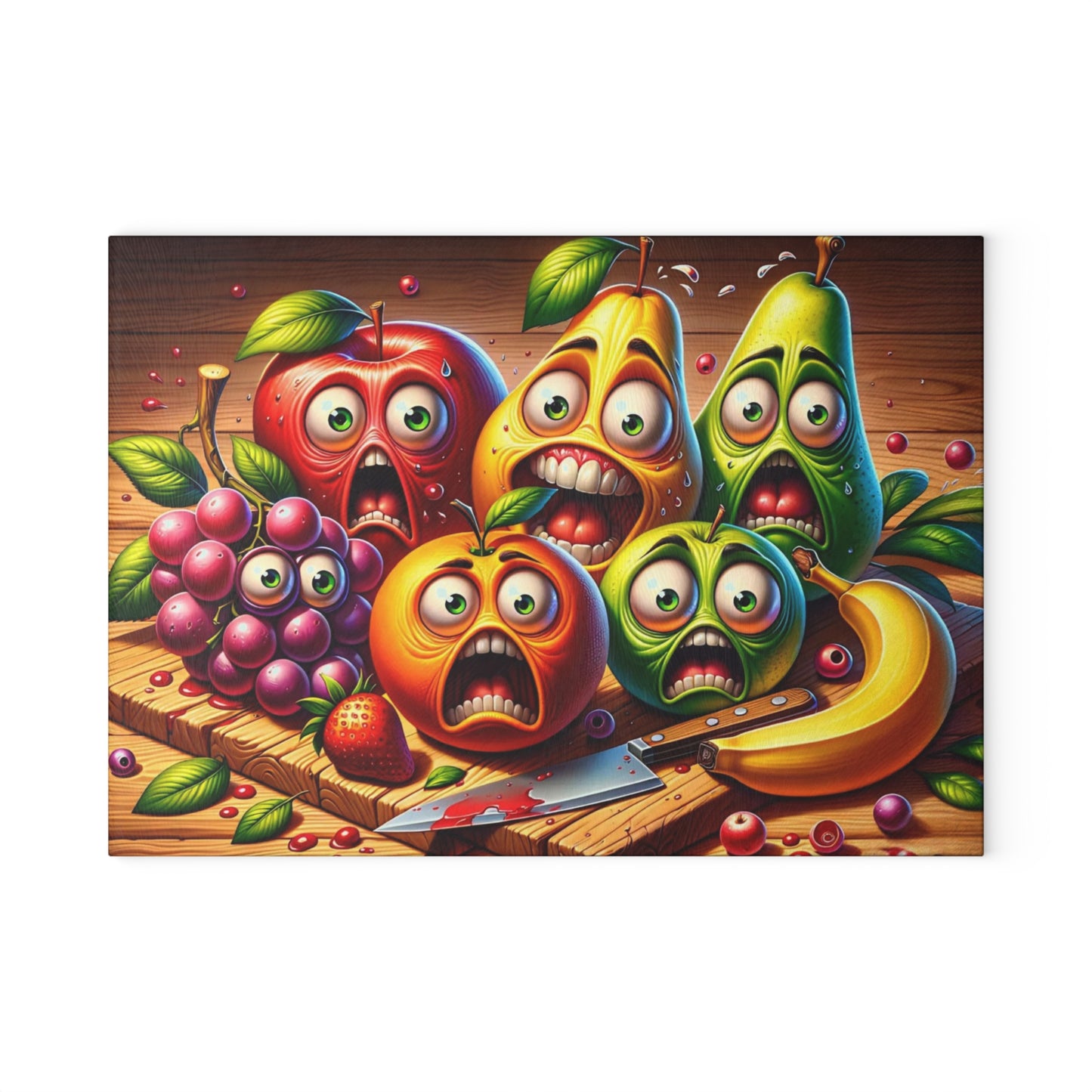 🍎🍐🍌😂 “Fruit Squad Panic” Glass Cutting Board – Silly Kitchen Laughs