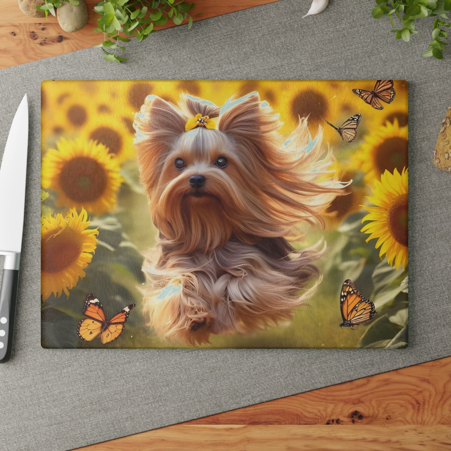 Yorkie in the Sunflowers – Tempered Glass Cutting Board