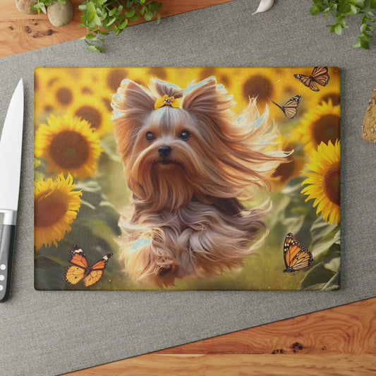 Yorkie in the Sunflowers – Tempered Glass Cutting Board