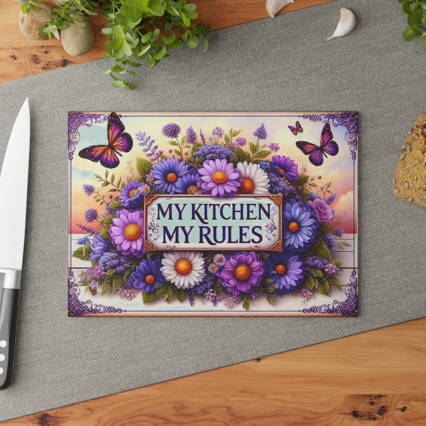 🦋 My Kitchen My Rules Cutting Board – Bold Floral Charm with Attitude