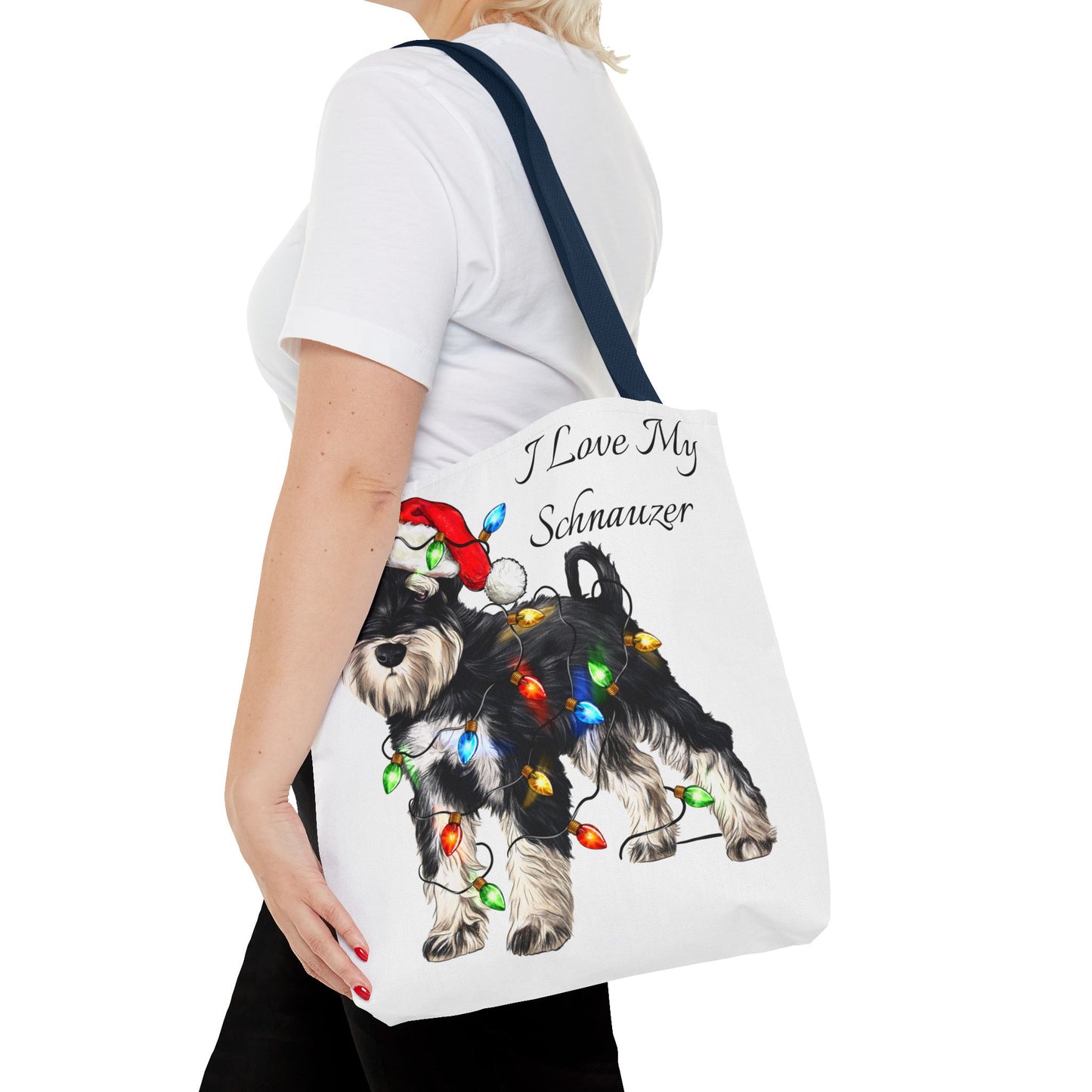 🎄 I Love My Schnauzer Tote Bag – Christmas Lights & Holiday Woofs 🐾