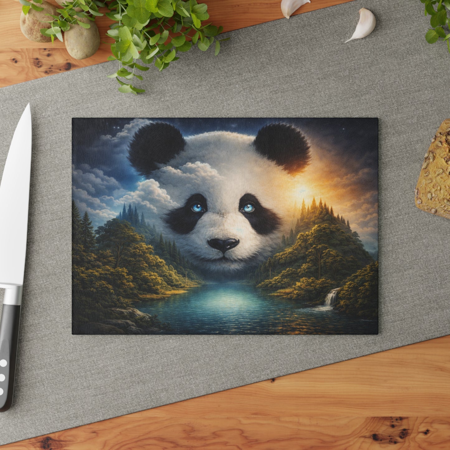 Panda Mountain Landscape Glass Cutting Board – Serene Wildlife Nature Artwork