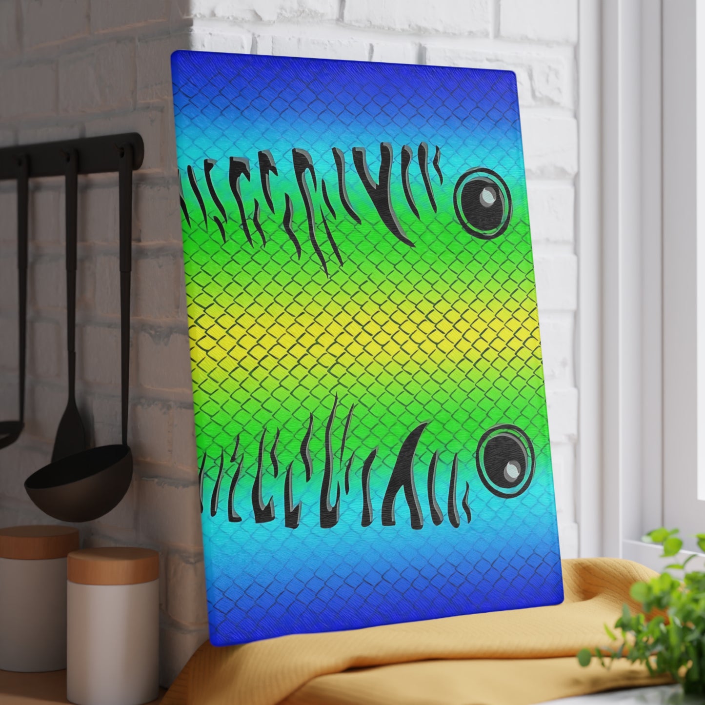 Vibrant Fish Face Glass Cutting Board – Bold Colorful Kitchen Artwork