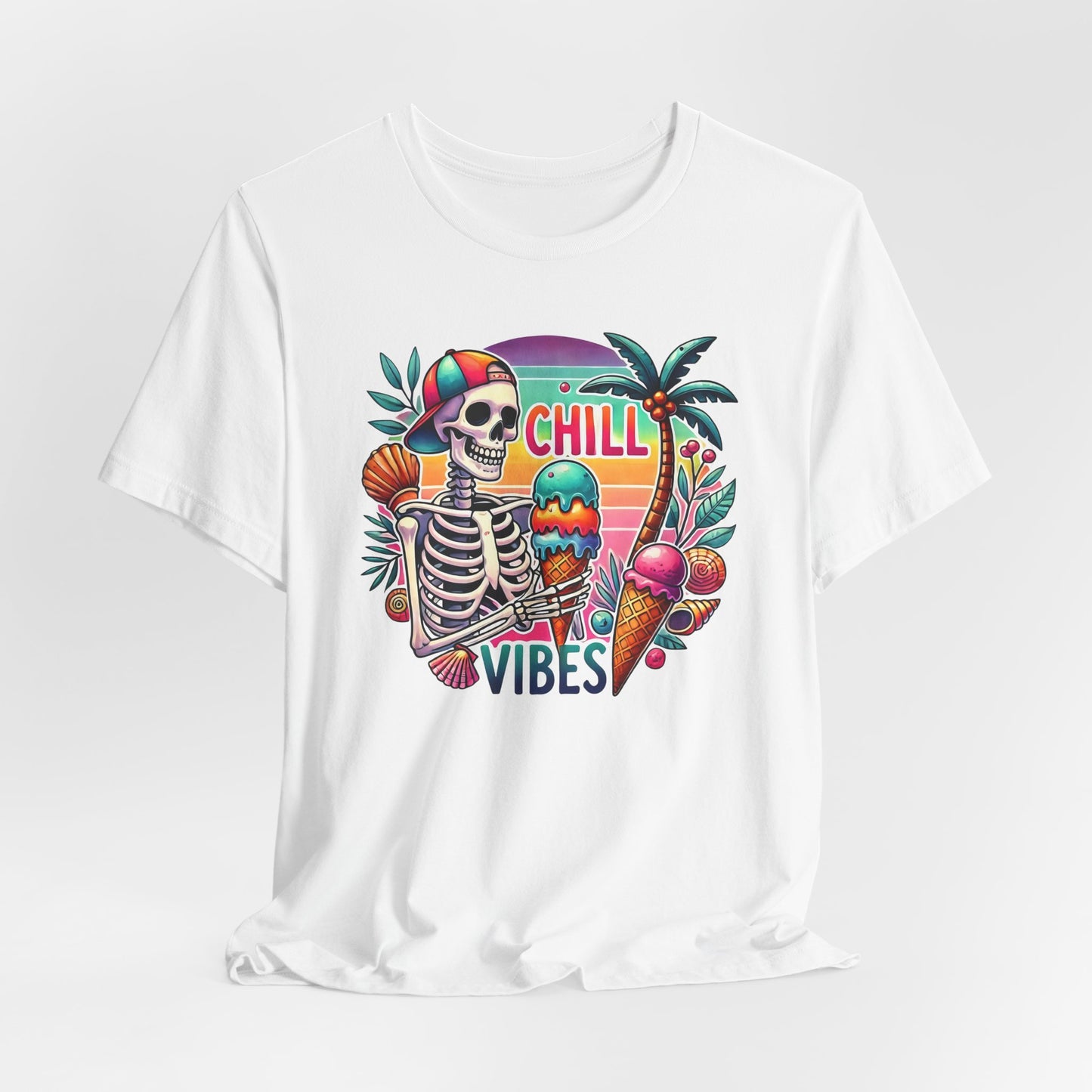 Camiseta Chill Vibes – Esqueleto con helado | Camiseta retro divertida de verano (solo blanca)