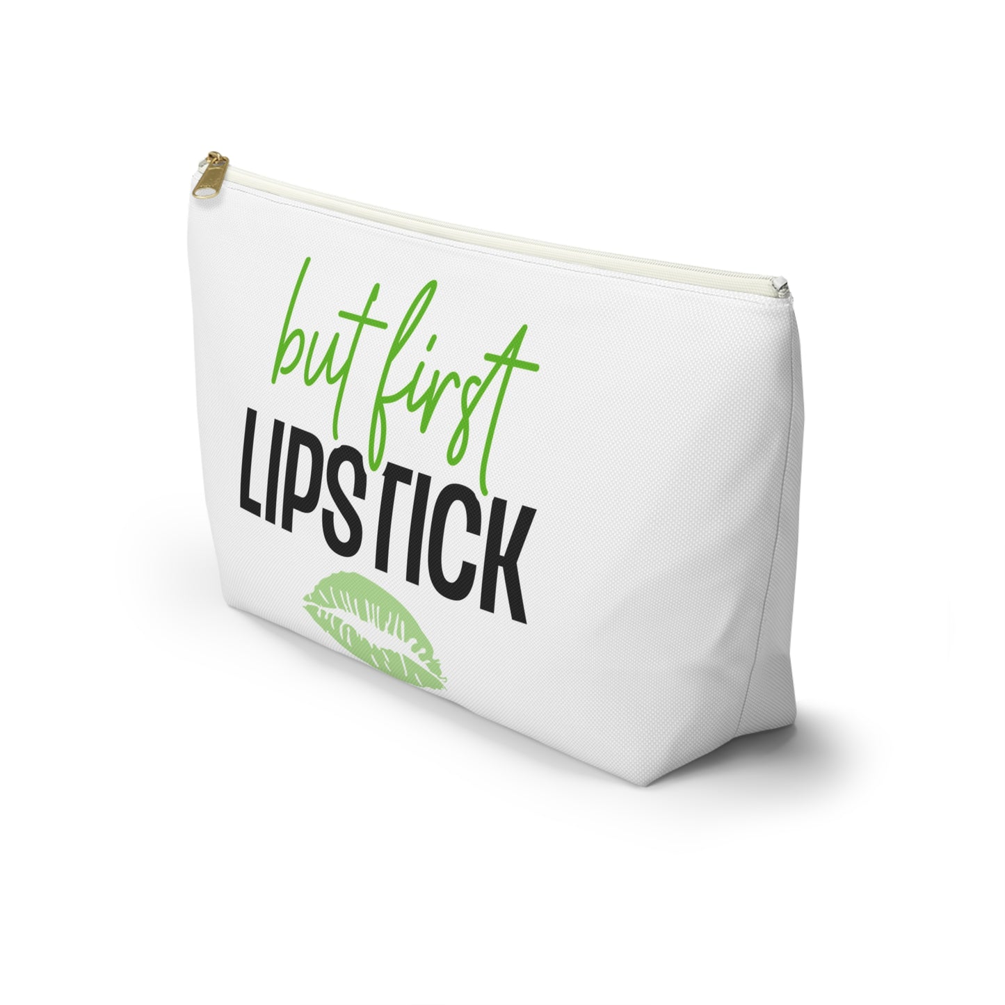 Accessory Pouch – "But First Lipstick" Green Makeup Bag