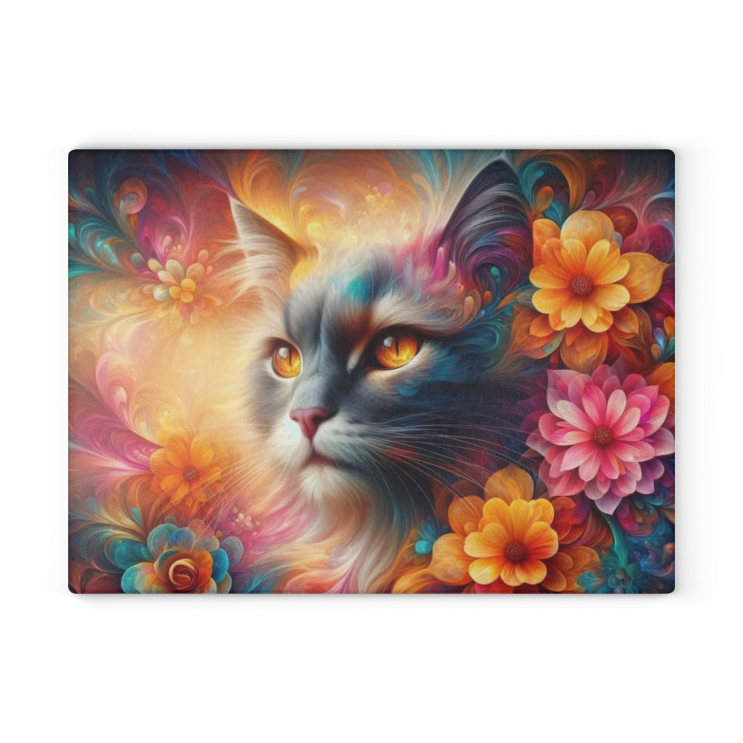 Tabla de cortar con diseño de gato colorido y flores: un encanto caprichoso para los amantes de los gatos