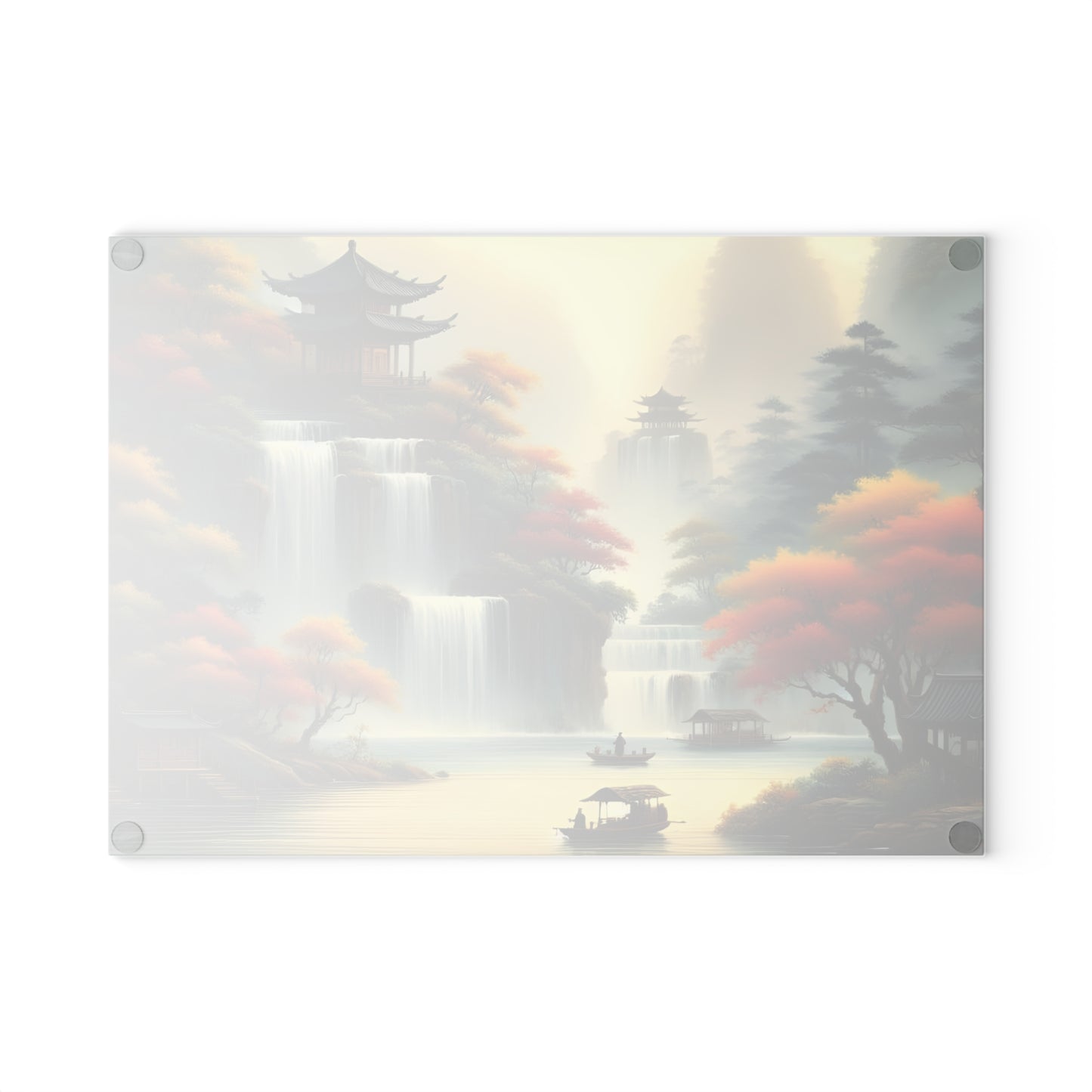🍂🏯 Golden Serenity Waterfall Cutting Board – Peaceful Pagoda Landscape Art 🏯🍂