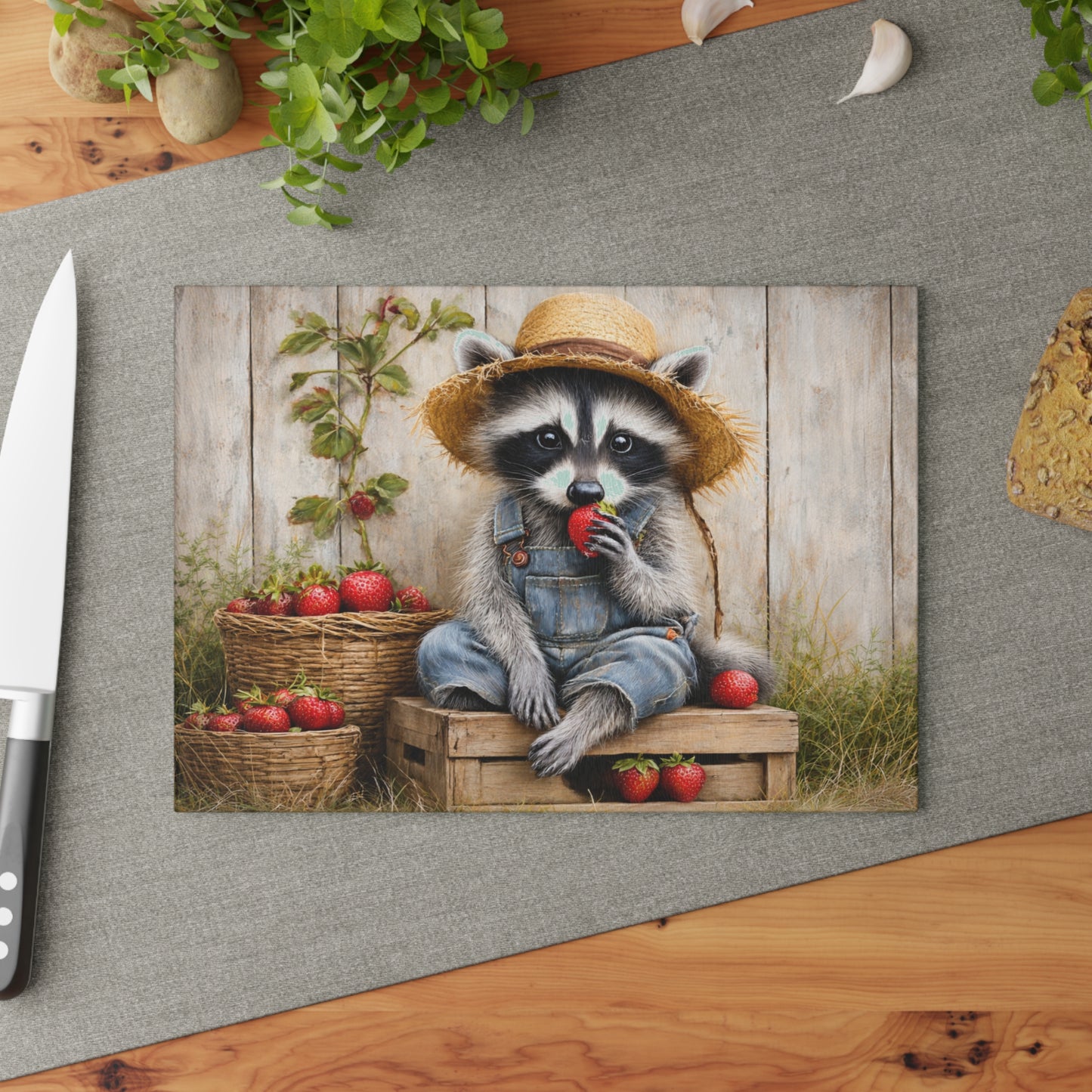 Strawberry Raccoon Farmhouse Glass Cutting Board – Cute Country Kitchen Decor