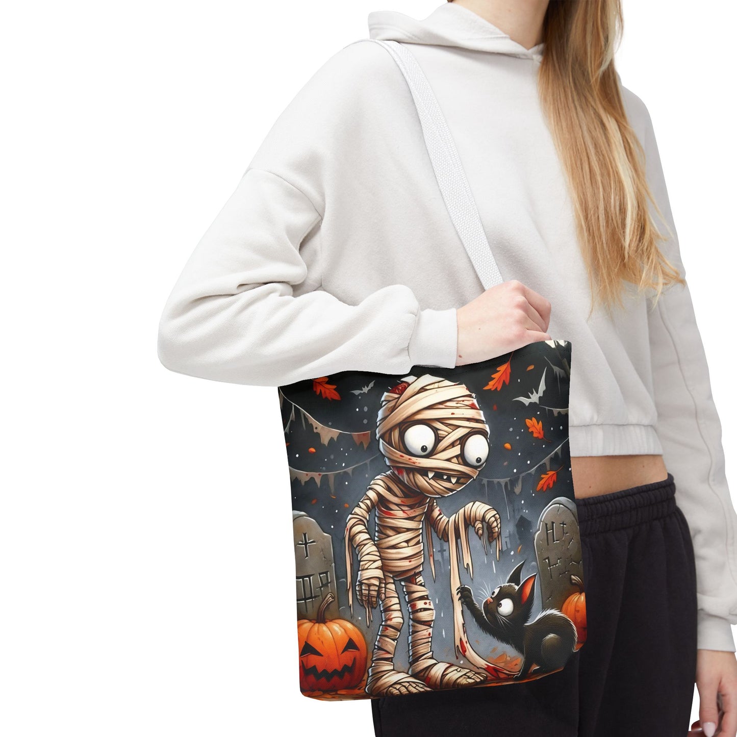 🎃 Mummy & Black Cat Halloween Tote Bag – Spooky Cute & Perfect for Trick-or-Treating 🖤🛍️