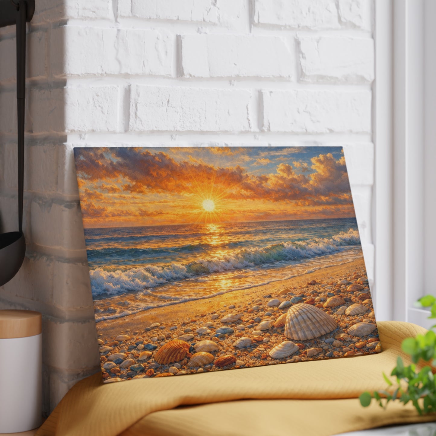 Golden Beach Sunrise Glass Cutting Board – Coastal Seashell Ocean Art
