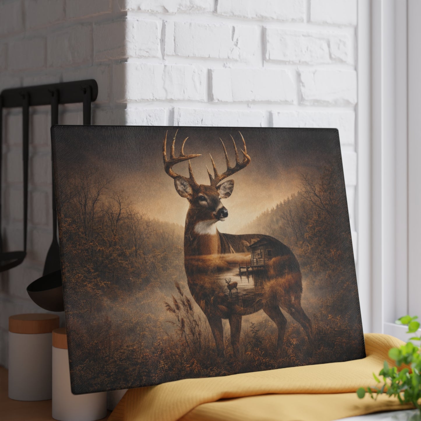 Majestic Whitetail Deer Glass Cutting Board – Rustic Woodland Wildlife Kitchen Art & Display Board