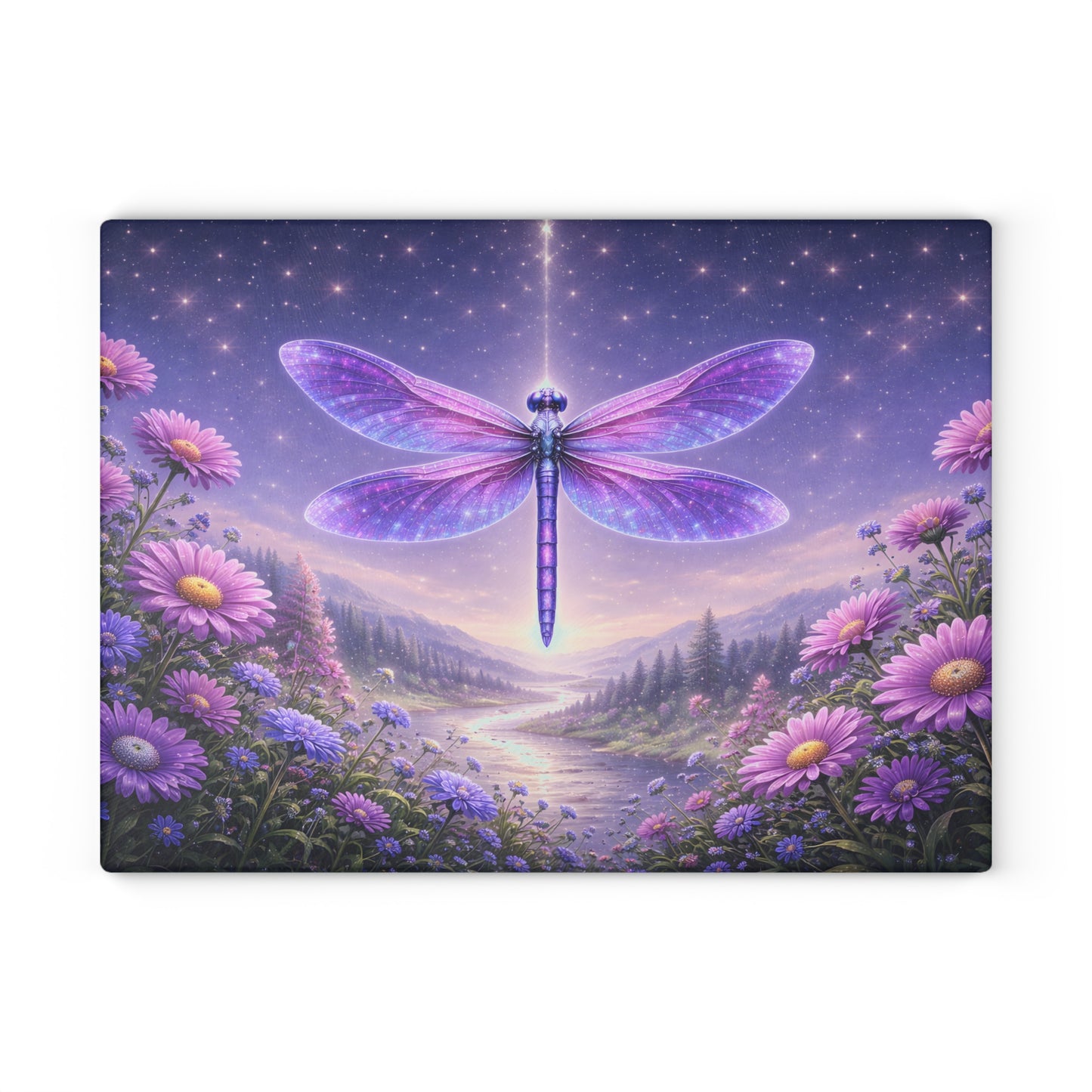 Celestial Dragonfly Glass Cutting Board – Purple Fantasy Floral Night Sky Kitchen Display