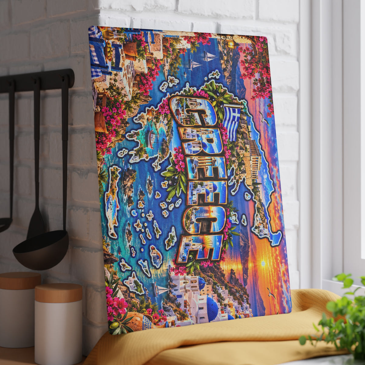 Greece Cutting Board – Greek Islands Map, Santorini Blue Domes, Parthenon, Aegean Sea & Mediterranean Kitchen Décor
